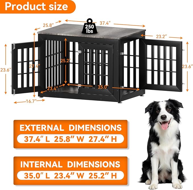 38" Heavy Duty Dog Crate Furniture for Small,Medium and Large Dogs,Rustic Wooden Dog Cage Kennel Indoor Furniture with Waterproof Top,Decorative Pet House Side End Table (Black & Grey)