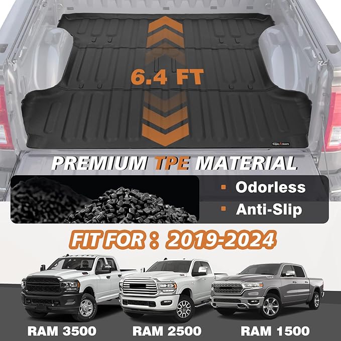TripleAliners Truck Bed Mat Compatible with 2019-2024 2025 2026 Ram 1500 Accessories 6'4" Vehicle Perfectly Flush All Weather Protection TPE Heavy Duty Pickup Car Bed Cargo Mat