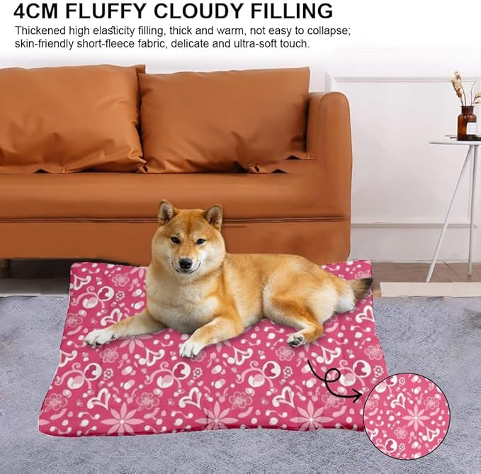Cozy Dog Beds with Anti-Slip Bottom, Pink Floral Puppy Supplies Dog Pad Outdoor Bed Breathable Mattress for Indoor& Outdoor Sofa Cars, Machine Washable 24 X 18 Inch