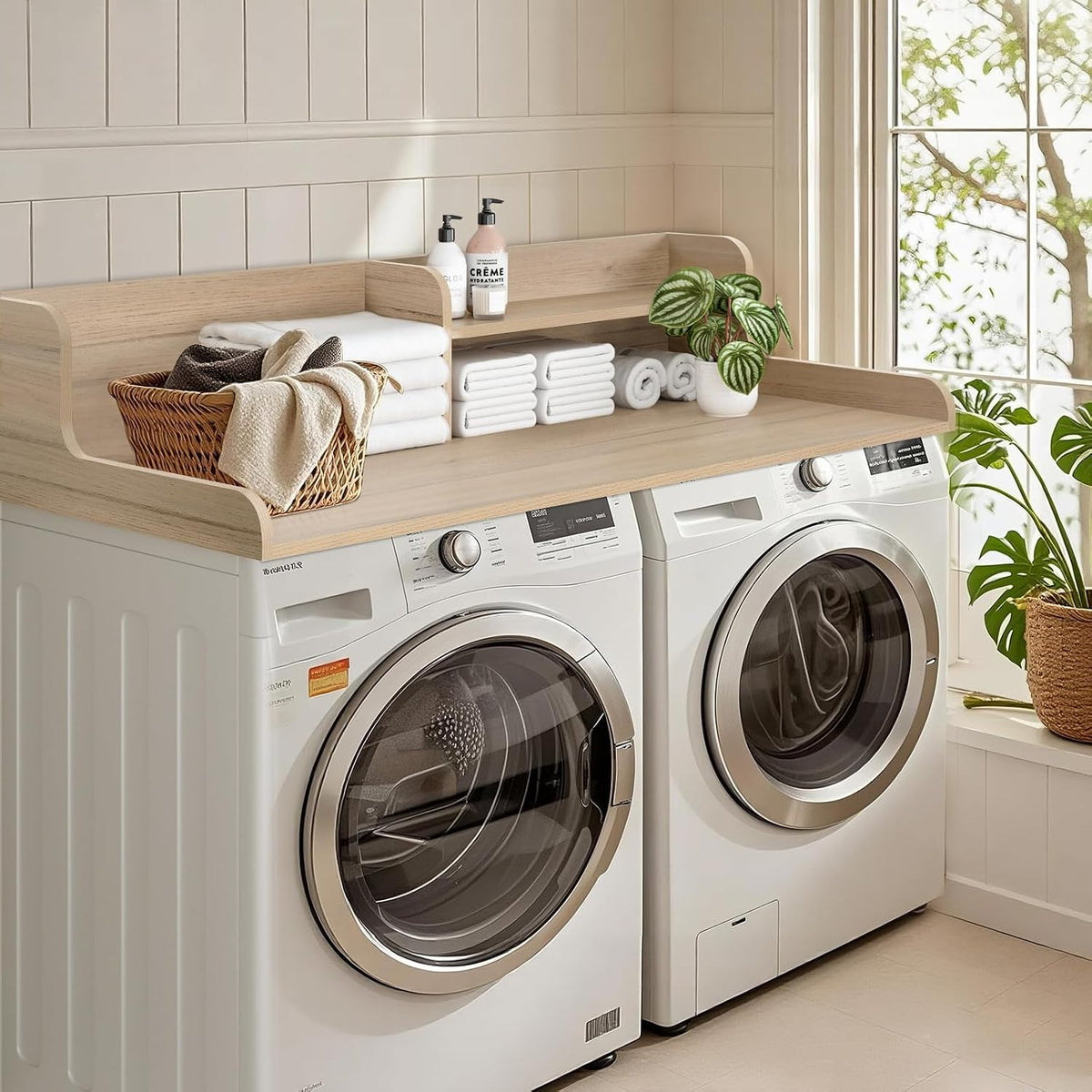 Kaboon Washer Dryer Countertop 2 Tier 54 inches Wide, Laundry Shelf Topper with Edge, 54" W x 28" D x 12" H Laundry Space Organizer, Oak(Grey Tone)
