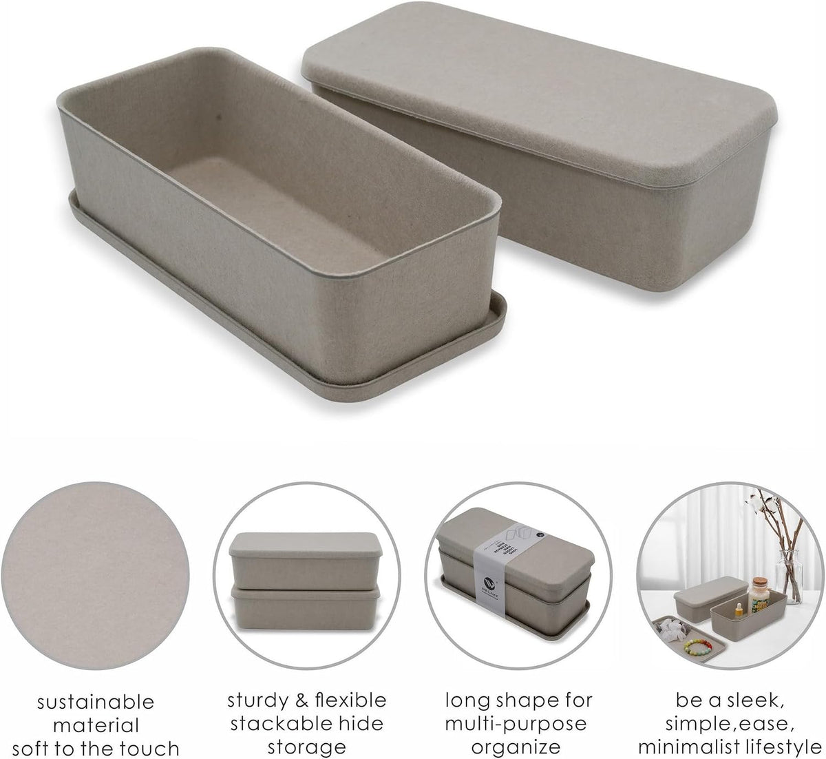 Welaxy Minimalist 2pc Lidded Desk Organizer Stone Long Stackable Trays