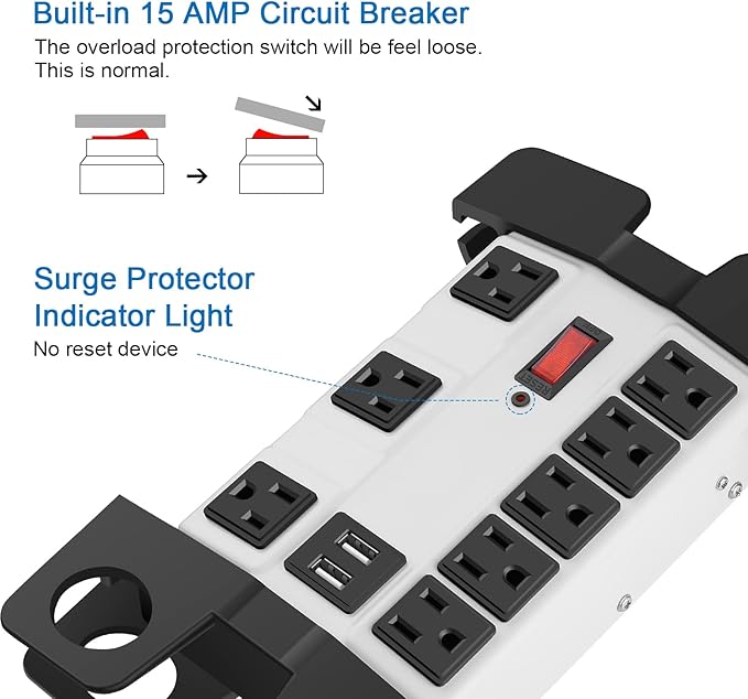 CCCEI Heavy Duty Power Strip with USB, Workshop 8 Outlet Surge Protector 2700 Joules, Industrial Metal 15Amp Power Strip, 4 FT Extension Cord and Wide Spaced Grey.