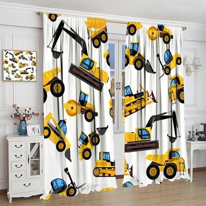 Kids Construction Equipment Window Curtains, Excavator Tractor Tow Truck Rod