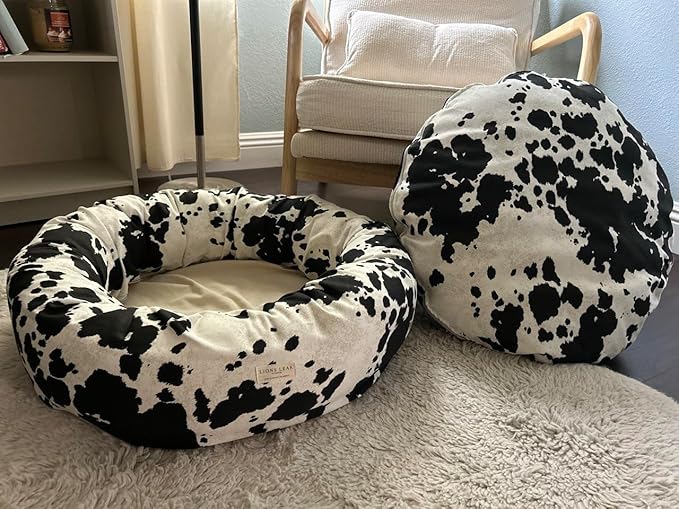 Organic Cotton Canvas Dog Bed: Removable Cover, Natural Fill - Made in USA (Cow Print Black White, Small 24" x 7" inches)