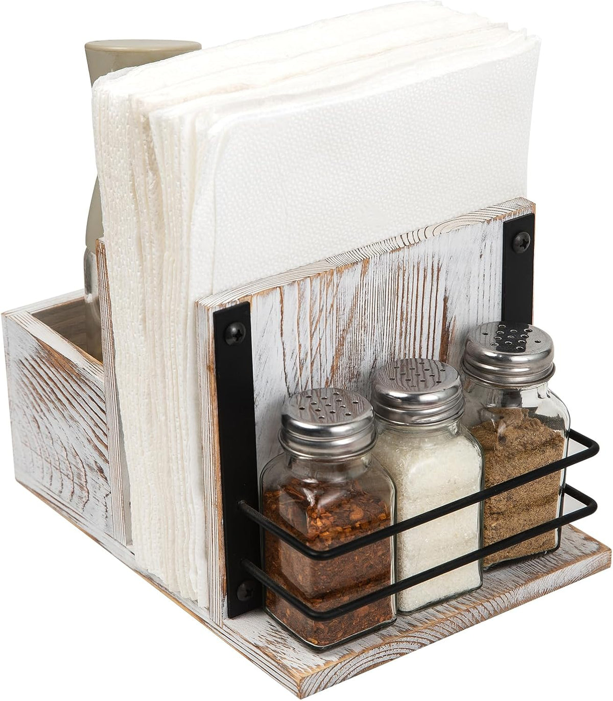 Rustic Whitewashed Wooden Kitchenware Organizer Napkin Utensil Spice Holders Table Seasoning Shakers Chalkboard Label Countertop Salt Pepper Caddy Wood Kitchen Dining Room Restaurant Café Home