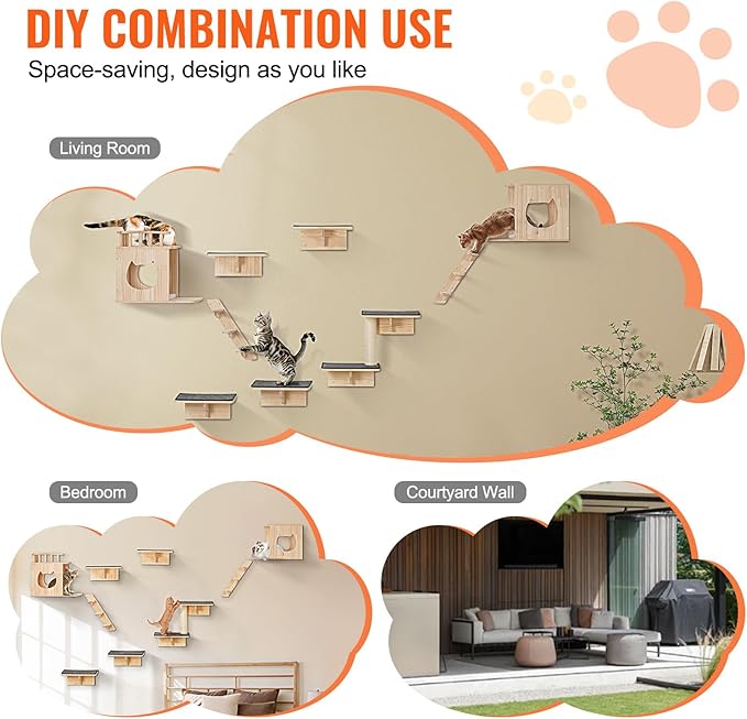 VEVOR Wall Mounted Cat Shelves, Cat Wall Shelves and Perches with Jumping Boards, Cat Beds, Hammocks & Cat Tree, Cat Furniture and Shelves up to 40 lbs for Sleeping, Playing, Climbing, Set of 9