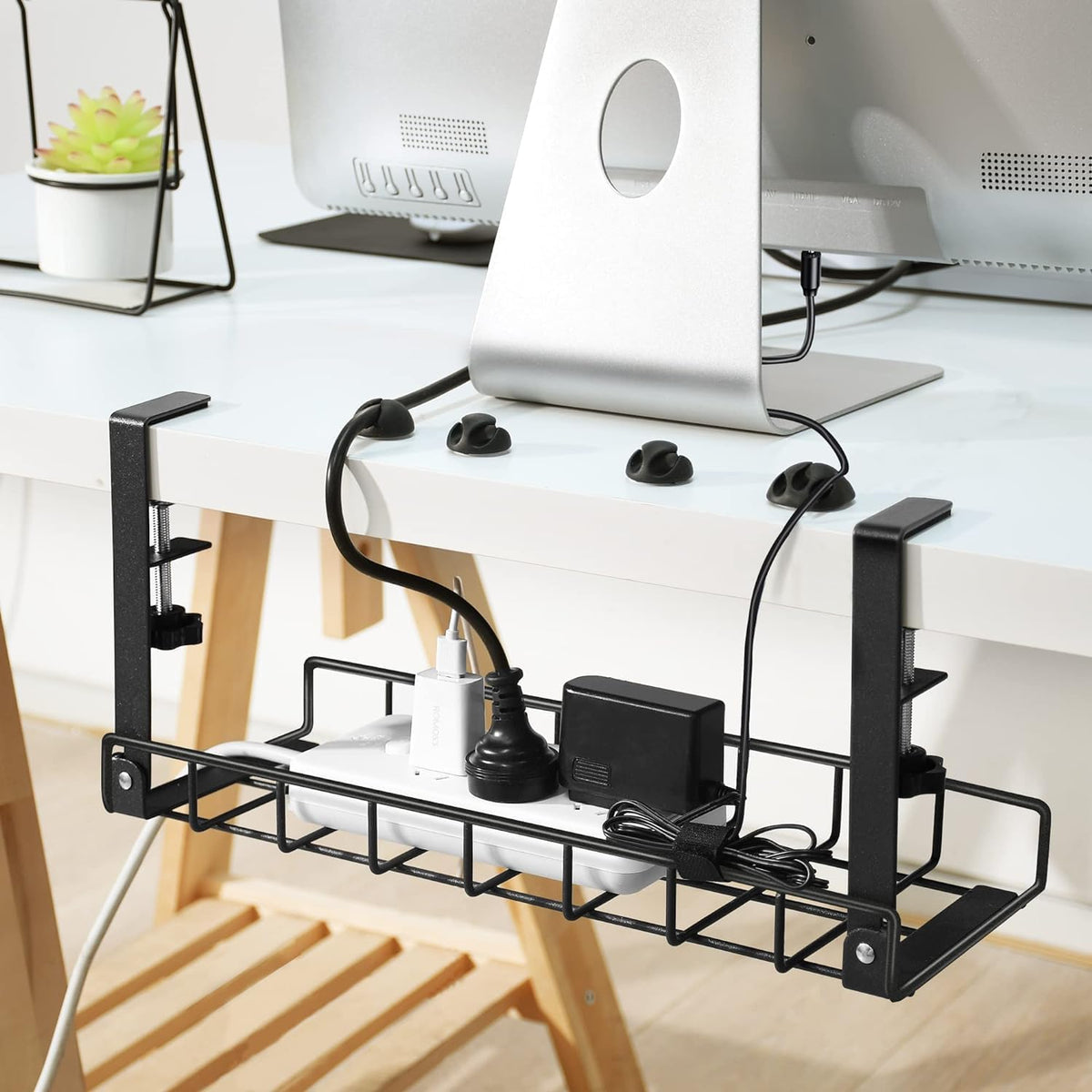 Under Desk Cable Management Tray 2 Pack, Xpatee Wire Management No Screws, Cable Tray with Clamp for Wire Management, Computer Code Rack for Office, Home - No Damage to Desk Black