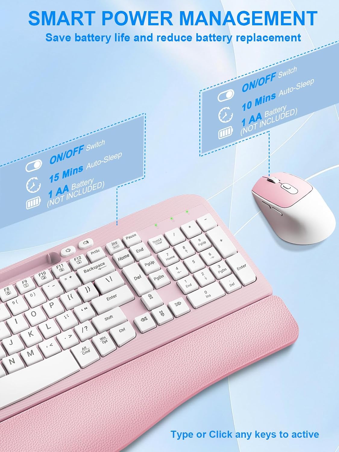 Hayyiesh Ergonomic Wave Keys Wireless Keyboard and Mouse Combo, Full Size with Memory Foam Wrist Rest & Phone Holder, 2.4G Cordless Set with USB-C Adapter for Windows Mac Desktop Laptop (Pink)
