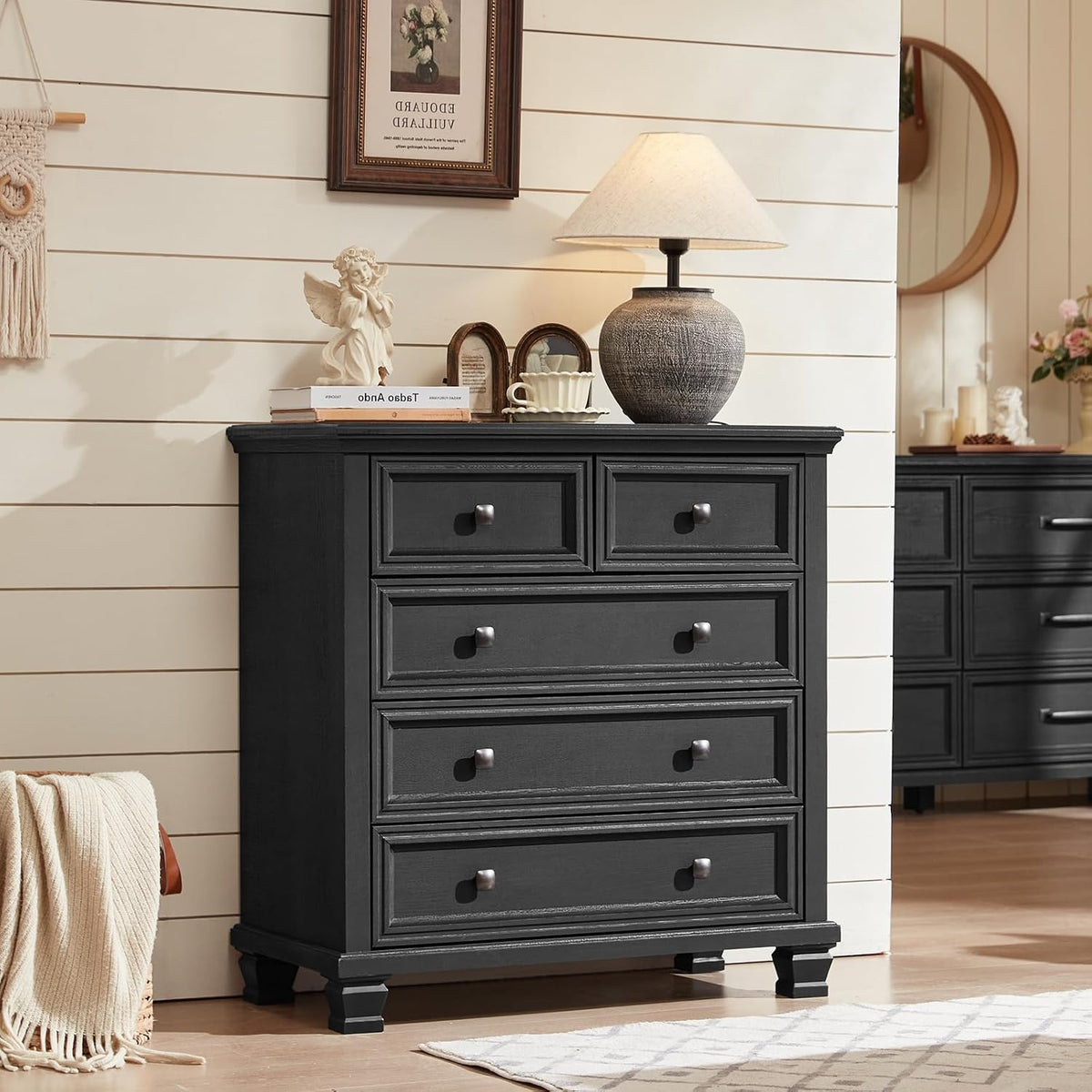 SAVOR LIFE Farmhouse 5 Drawer Dresser for Bedroom, 32.6 Inch Tall Vintage Wood Chest of Drawers, Rustic Small Dressers w/Square Solid Wooden Legs, Mid-Century Storage Organizer for Living Room, Black