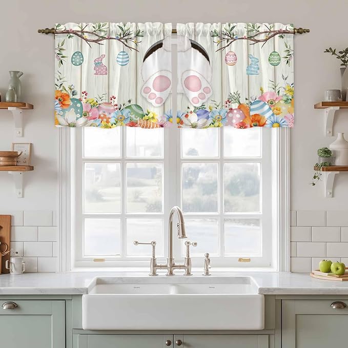 Easter Kitchen Tier Curtains 36 Inch Long 2 Panel Set, Rod Pocket Half Window