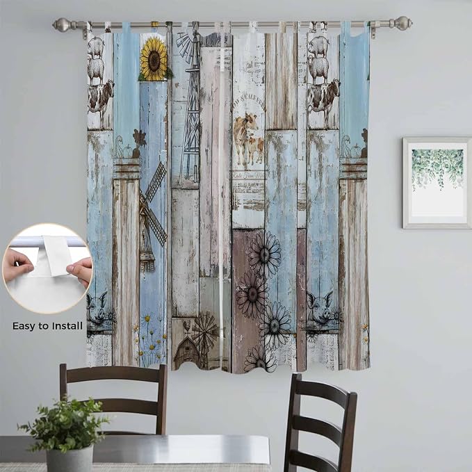 Blue Grey Wooden Living Room Curtains 84 Inch Length, Window Curtains Tab Top