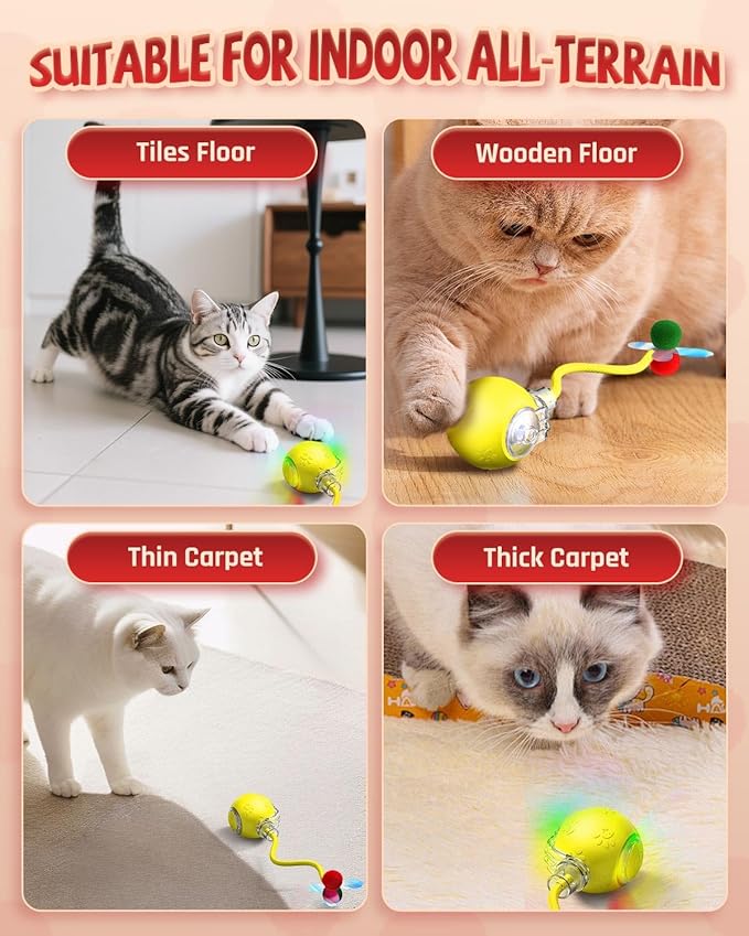 Interactive Cat Toys for Indoor Cats, 2025 Upgraded 360° Anti-chew Safe Material Moving Cat Ball with Tail, Interactive Cat Toys for Bored Indoor Adult Cats to Keep Them Busy (Yellow, 2.2in)