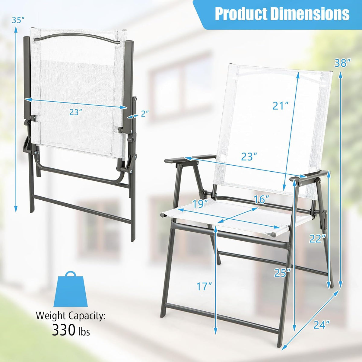 Tangkula Set of 2 Patio Folding Chairs, High Back Dining Chairs with Weather-Resistant Fabric, No Assembly, Outdoor Portable Metal Lawn Chairs with Armrests & Footrest for Garden (White)