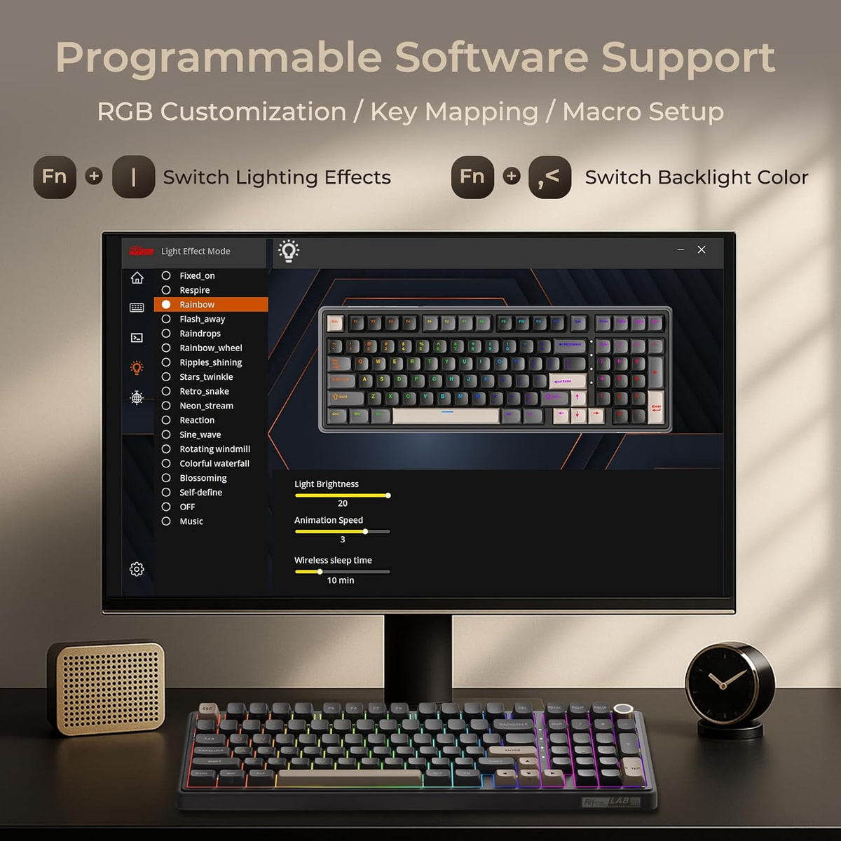 RK ROYAL KLUDGE R98 Pro Wireless Mechanical Keyboard, Creamy Bluetooth/2.4GHz/Wired RGB Gaming Keyboard with Number Pad and Knob, MDA Profile PBT Keycaps, Gasket Hot Swappable Linear Switch, Black