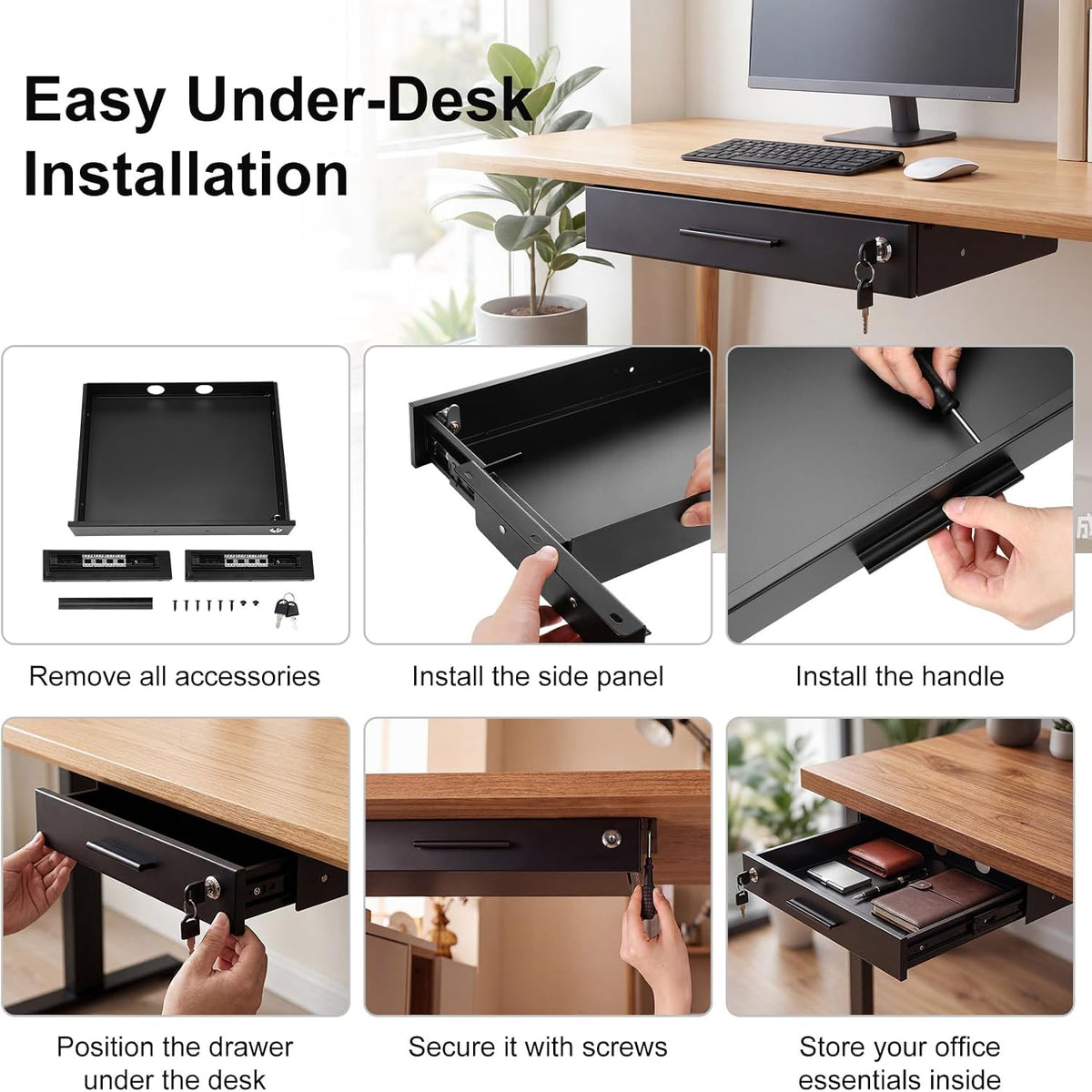 Menkxi 16'' x 12'' Under Desk Drawer Slide Out Storage Organizer, Black