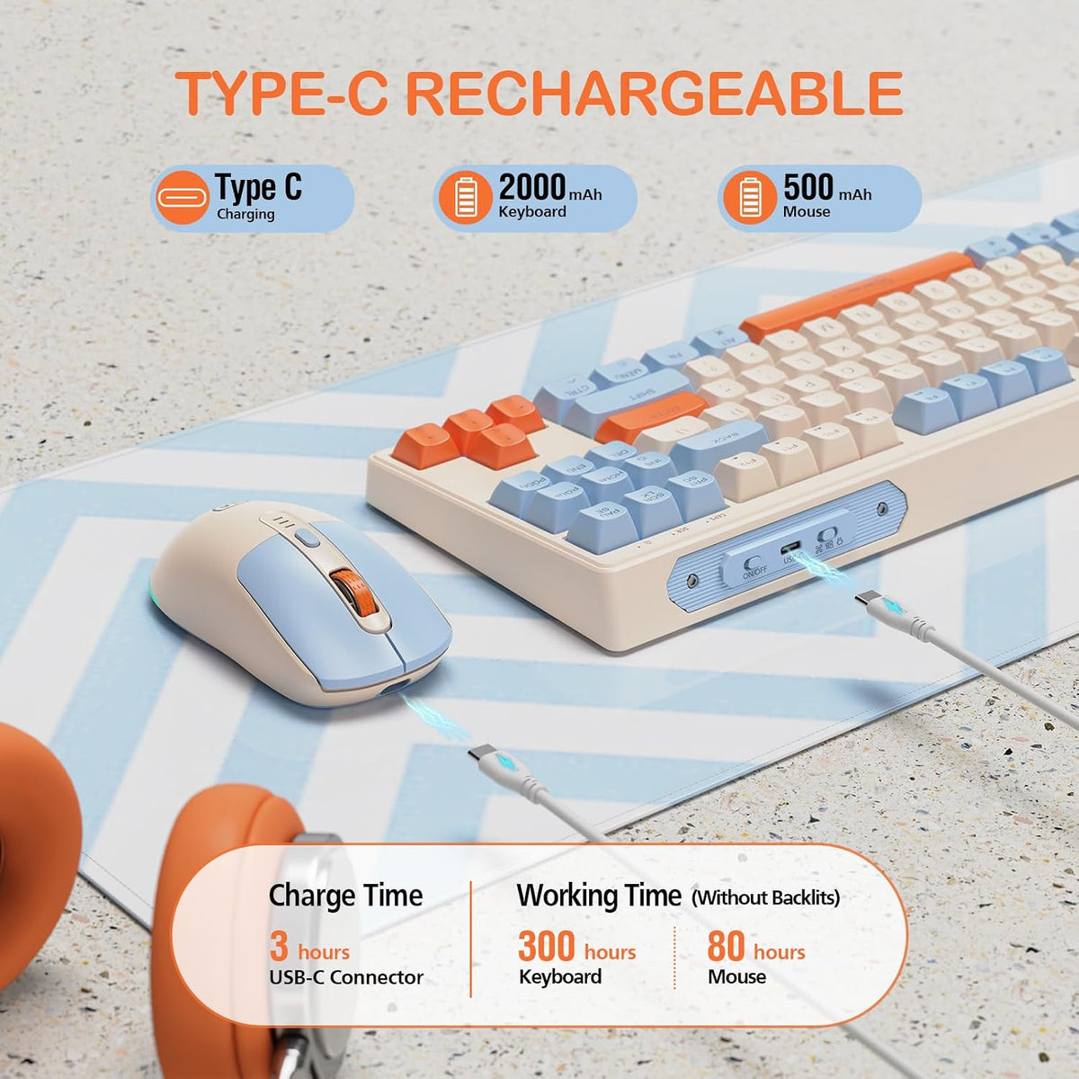 2.4G Wireless Keyboard and Mouse Combo, RGB Backlit Keyboard Mouse Set for Windows, Android & MacOS, Aesthetic Keyboard Mouse with USB & Type-C Dongle for PC Computers, Macbooks, Laptops, Ivory