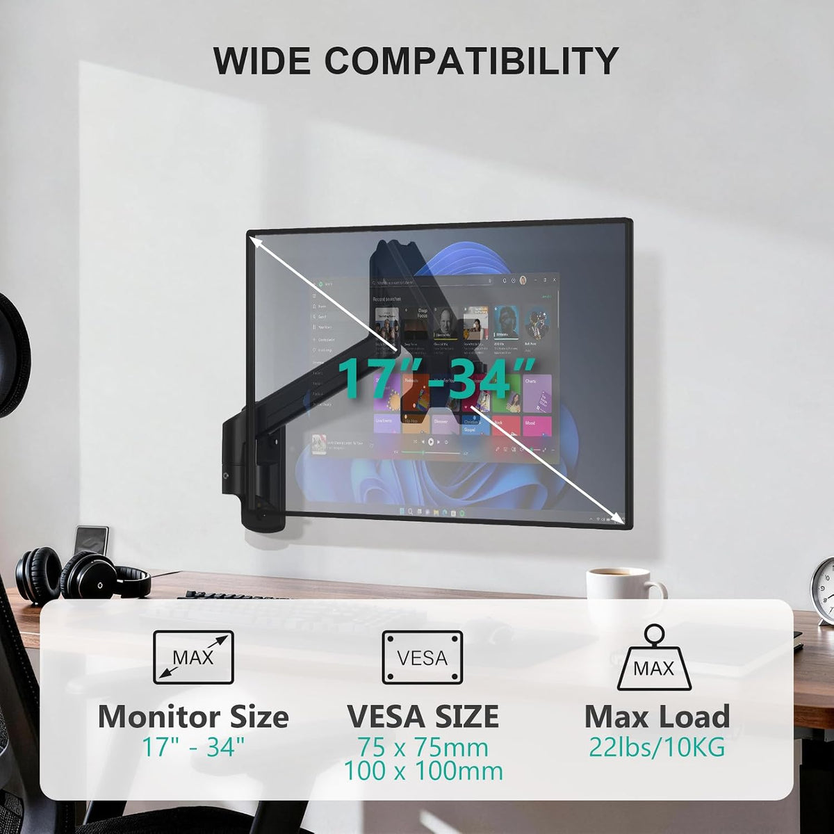 WALI Single Monitor Wall Mount for 17-34 inch Computer Screens，up to 22 lbs