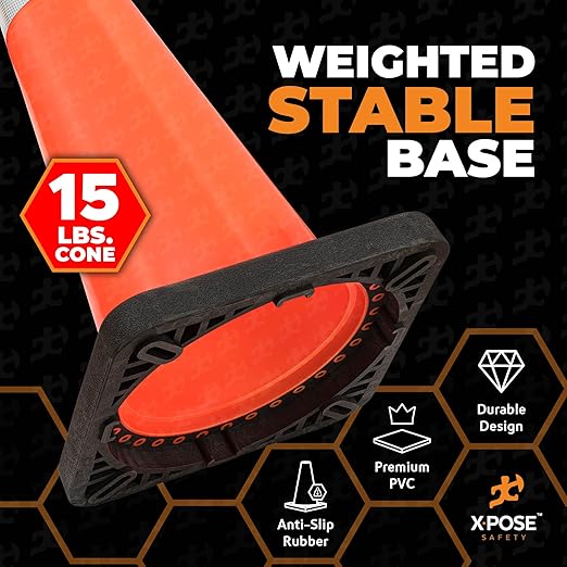 Xpose Safety 36 Inch Orange Traffic Cones Heavy Duty 15lb with 6" & 4" Collars, 48 Pack - Multipurpose PVC Plastic Safety Cone for Parking, Soccer, Caution, Kids and Construction - DOT Approved