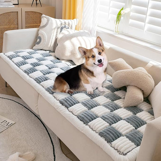 FunnyFuzzy Cream-Coloured Plaid Square Pet Mat Bed Couch Cover, Winter Thickened Dog Bed Cover Pet Blanket Sofa Couch Furniture Protector for Kids Dog Cat(Size:17.7 * 17.7 in,Color:Grey)