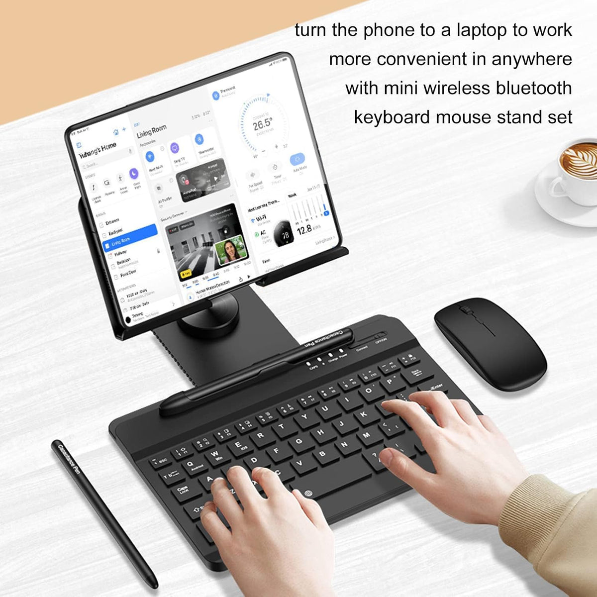 Desktop Stand & Bluetooth Keyboard Combo for Galaxy Z Fold 8/8ultra/7/6/5/4 & Z Trifold, 4-in-1 Includes Mouse Pen, Slot, Adjustable Foldable Tablet Stand, Fits 4.7"-13" Tablets Phone, Black