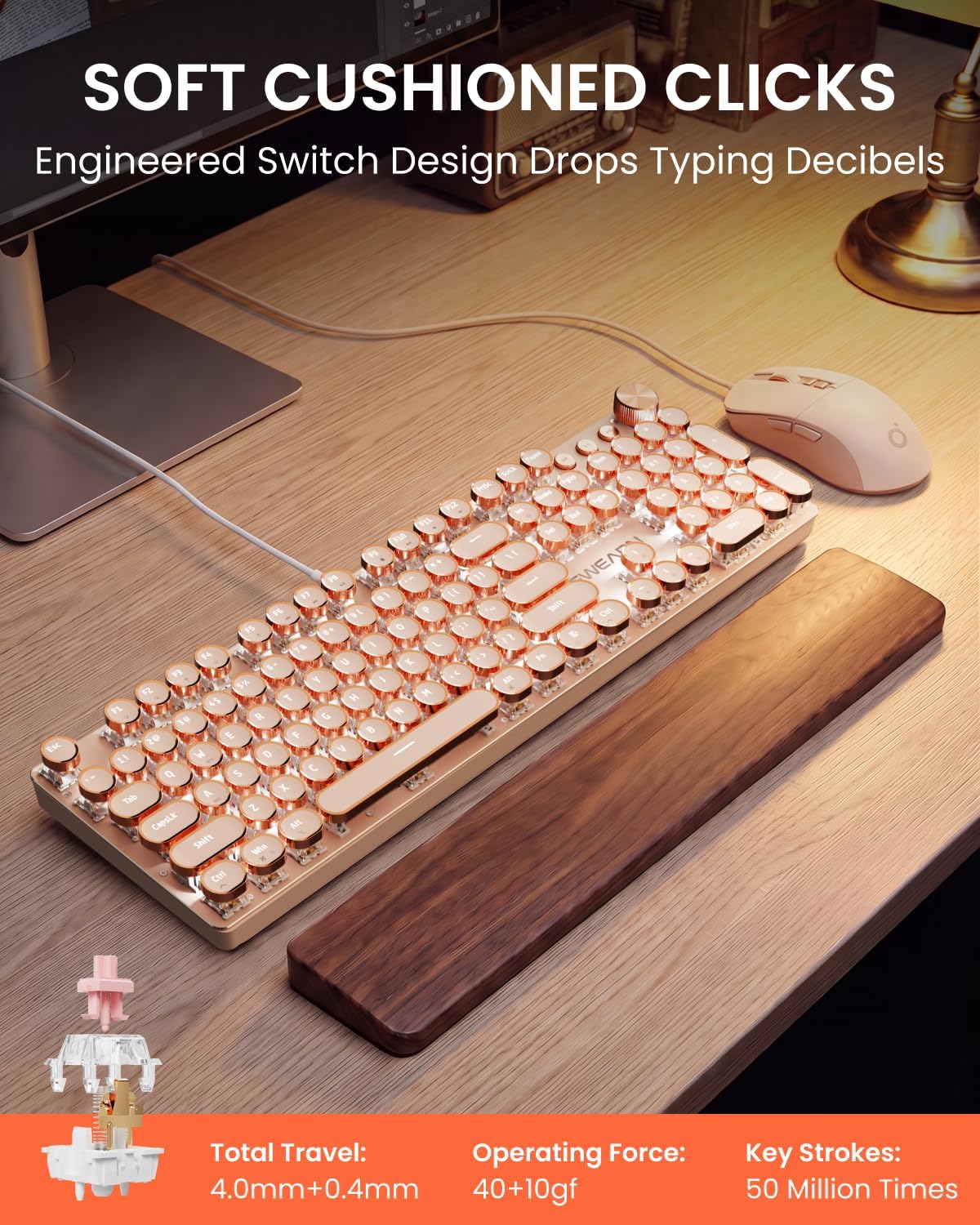 Wired Typewriter Keyboard and Mouse Combo, White Backlit, Soft Clack, Knob