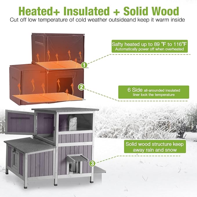 GUTINNEEN Heated Cat House for Outside Outdoor Cat House Insulated with Heated Pad, Insulated Liner, Dual-Section Large Wooden Shelter with Three Escape Doors for Multiple Cats