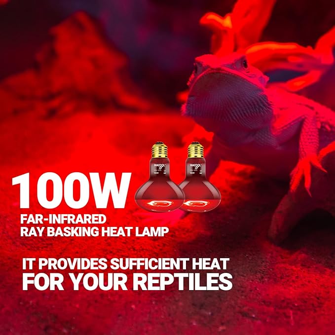 WACOOL 2 Pack Reptile Heat Lamp Bulbs,100W Infrared Basking Spot Light for Reptiles & Amphibians, Red Heat Lamp Bulb for Bearded Dragon Gecko Turtle Lizard