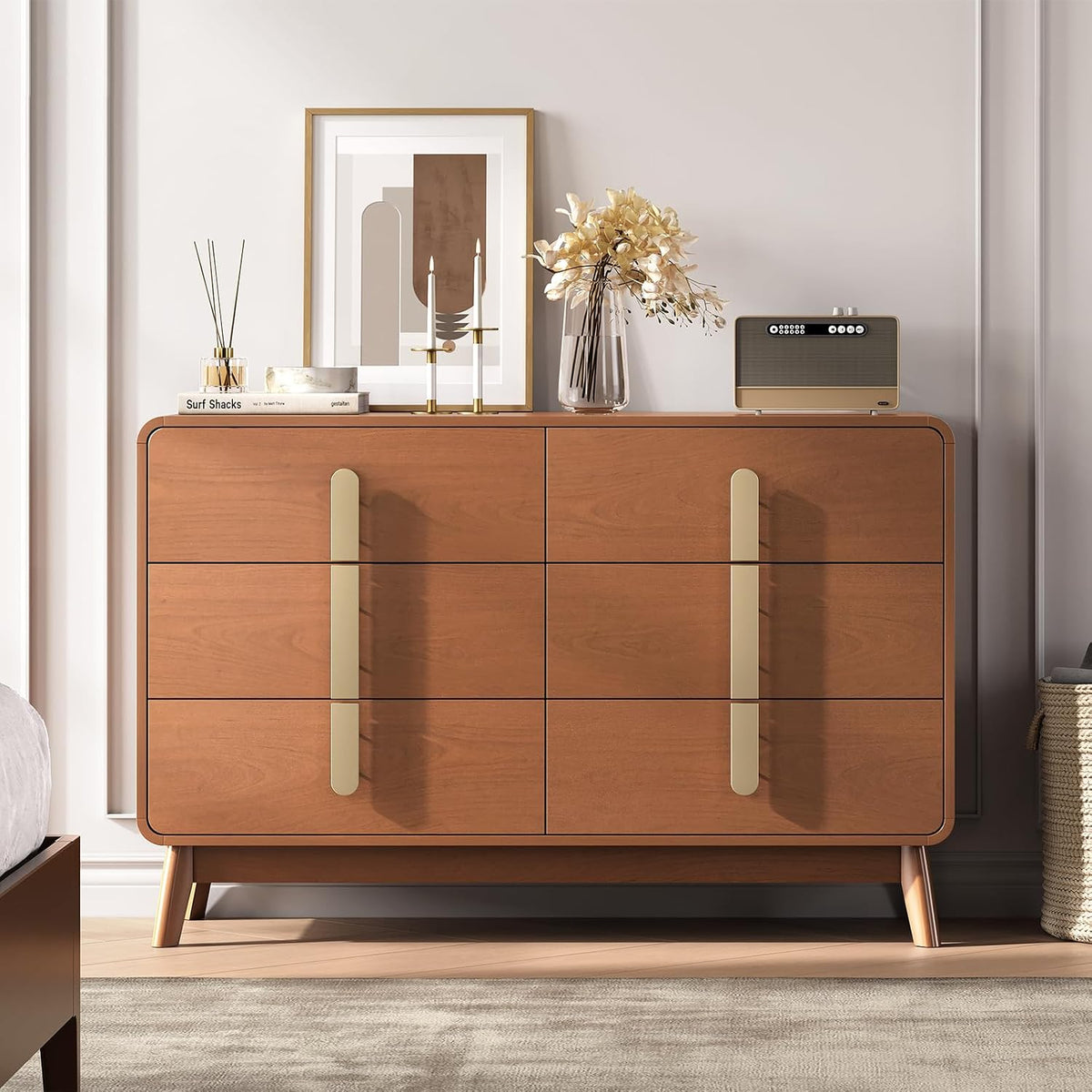 JOINICE Dresser for Bedroom with 6 Drawers,Mid Century Modern Dresser with Storage,47" Wide Chest of Drawers with Metal Handles,Large Wood Drawer Organizer for Bedroom,Living Room,Hallway,Cherry