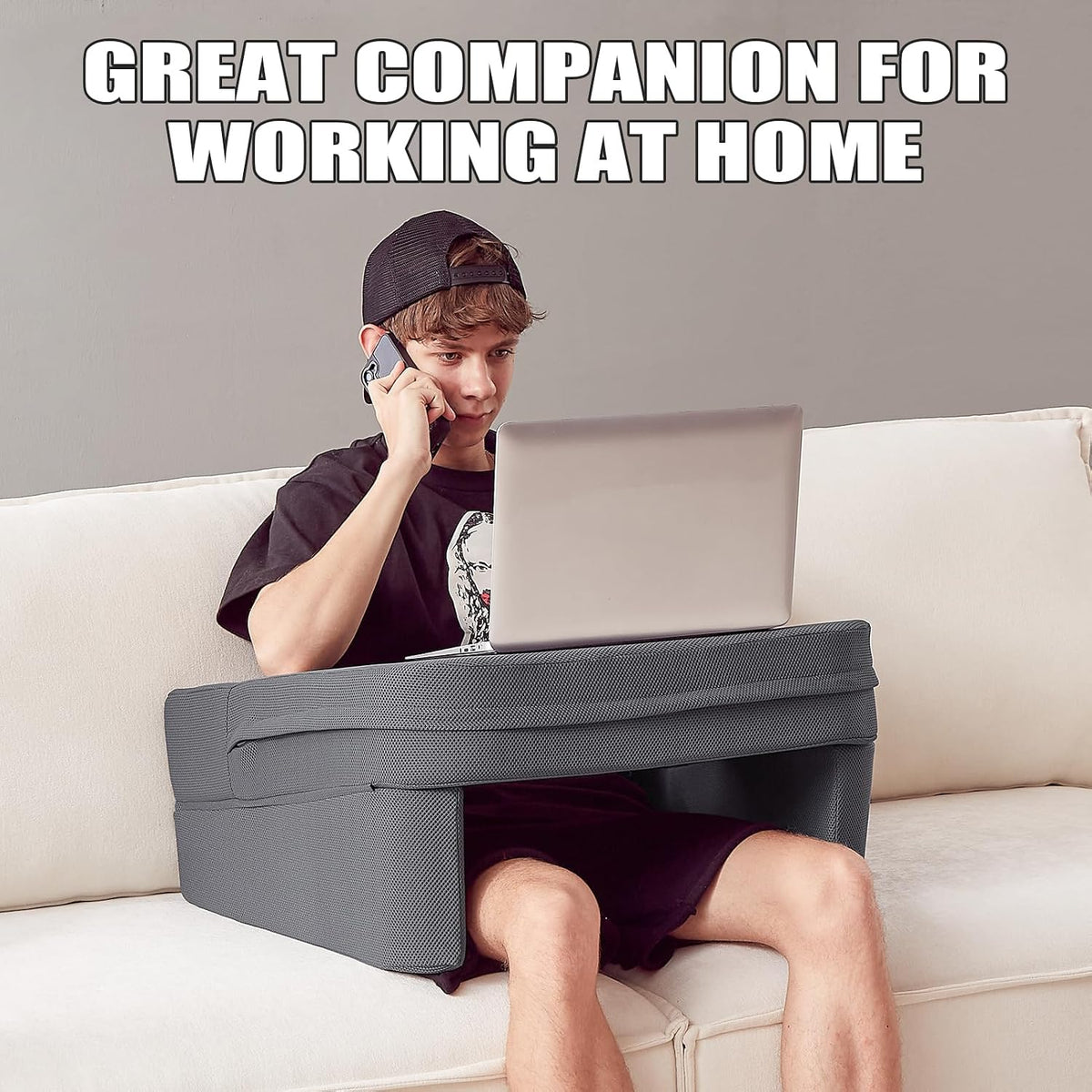 comehealthy Lap Desk for Laptop, Reading Pillow for Adult, Memory Foam Gaming Pillow with Cup Holder, Arm Rest Couch Pillow for Working, Gaming, Reading, Laptop Desk for Couch Bed Floor(Grey)