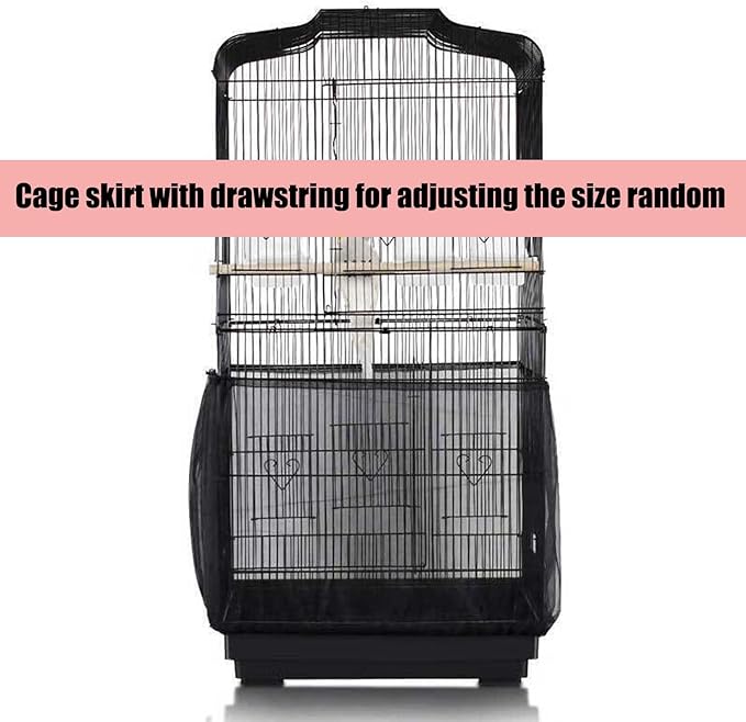 Allazone Bird Cage Seed Catcher, Large Bird Cage Cover, 75-118'' Universal Adjustable Birdcage Cover Skirt Soft Airy Nylon Mesh Net for Parakeet Macaw African Round Square Cage, Black