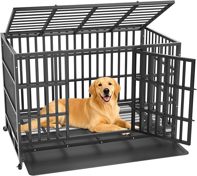 48 Inch Heavy Duty Dog Crate, Indestructible Escape-Proof Dog Kennel for High Anxiety Large Dogs, Strong Metal Pet Cage with Double Doors, Lockable Wheels & Removable Tray, XL XXL XXXL