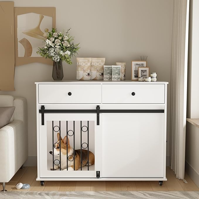 39.37'' Modern Wooden Dog Crate Furniture with Double Drawers and Sliding Barn Door, Decorative Pet Kennel End Table with Lockable Wheels, Stylish Dog Cage for Small to Medium Dogs – White