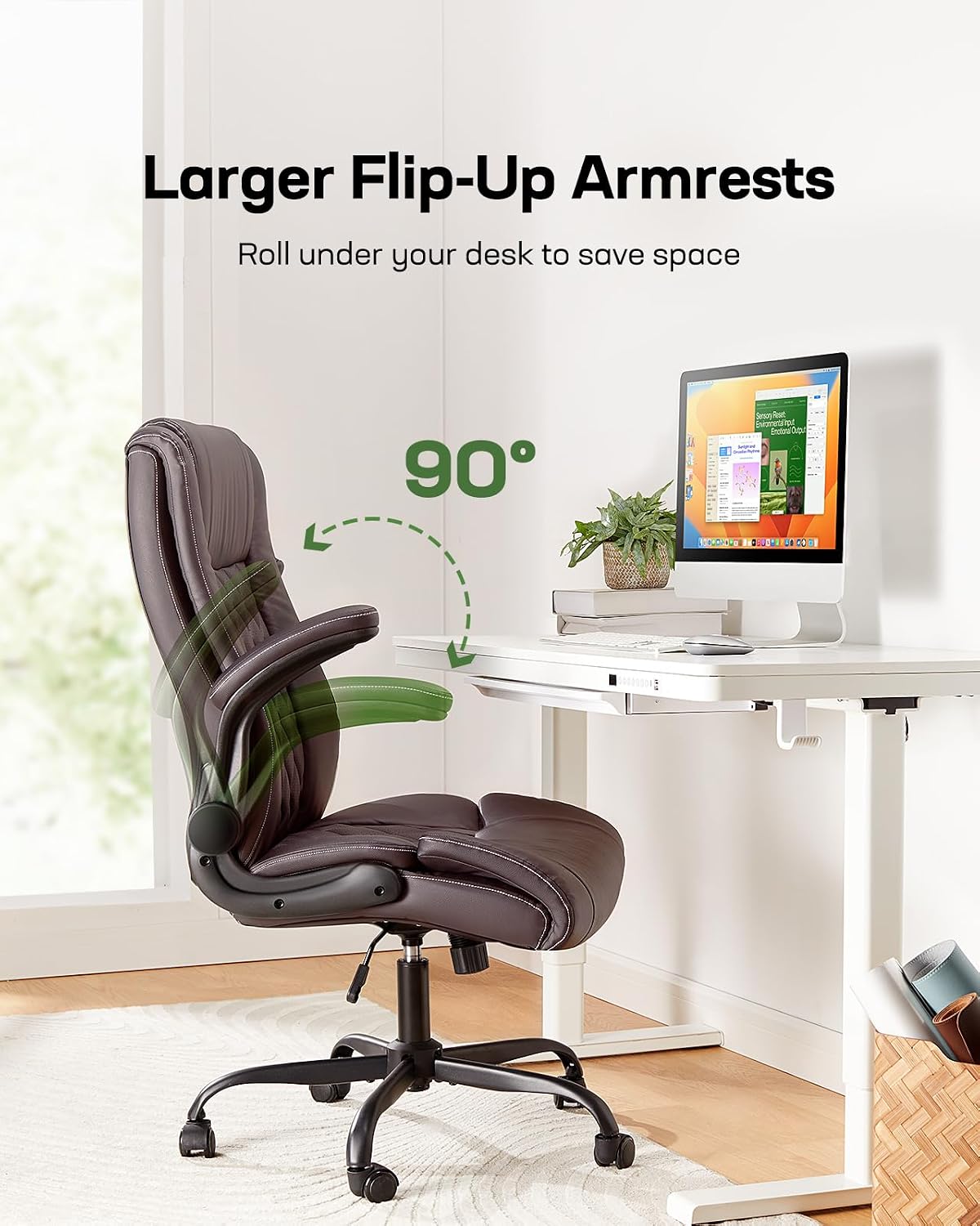 Marsail Executive Office Chair with Flip-up Armrests,PU Leather Ergonomic Desk Chair Height-Adjustable Swivel Rolling Desk Chair
