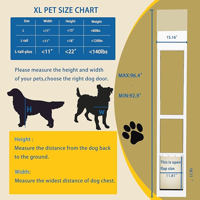 Large Sliding Glass Dog Door for Easy Installation Adjustable Height 92.9" to 96.4" Panel with Rotating Screws Suitable for Raised Sliding Glass Door Ideal for Pet Owners