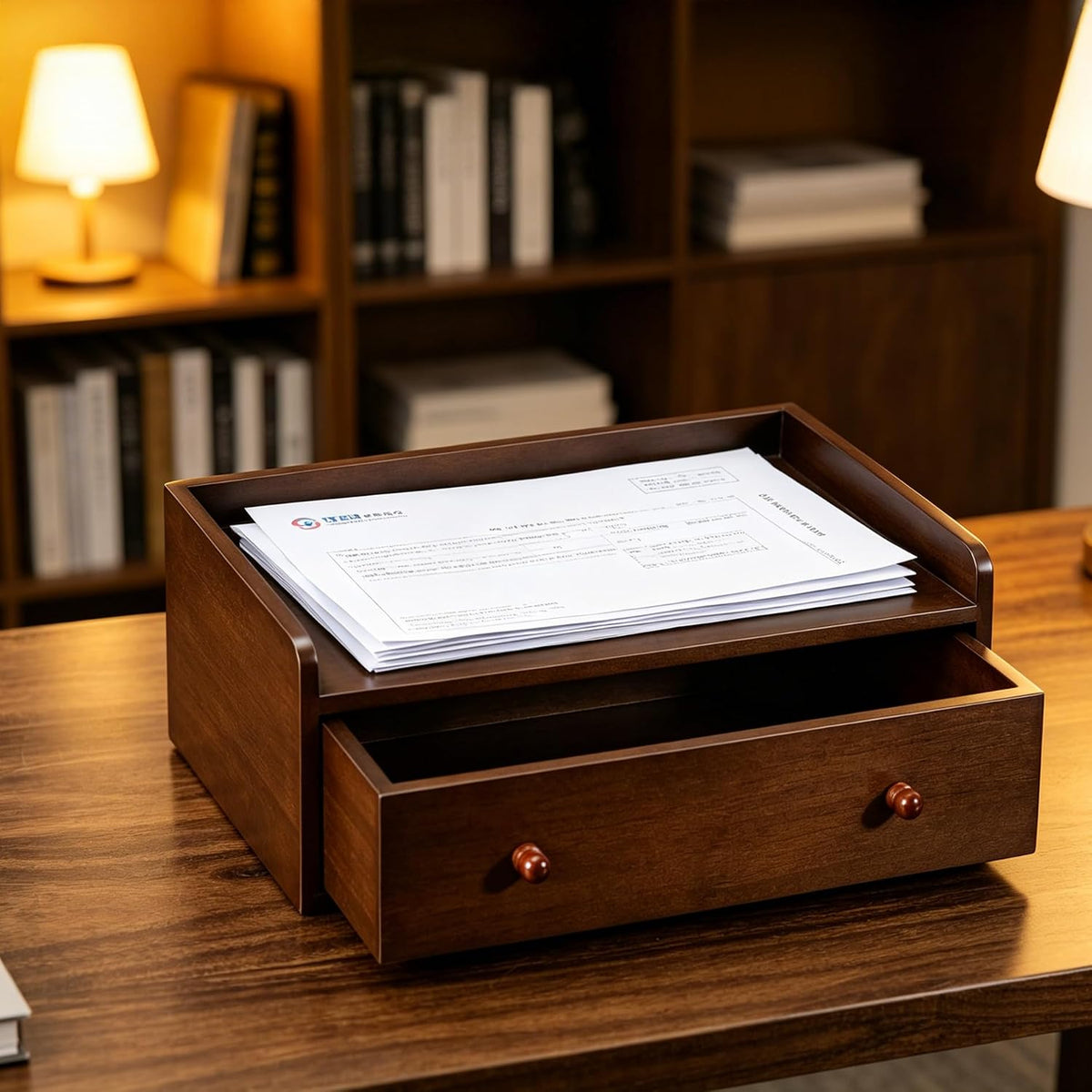 Solid Wood Desk Organizer with Drawer and Adjustable A4 Tray