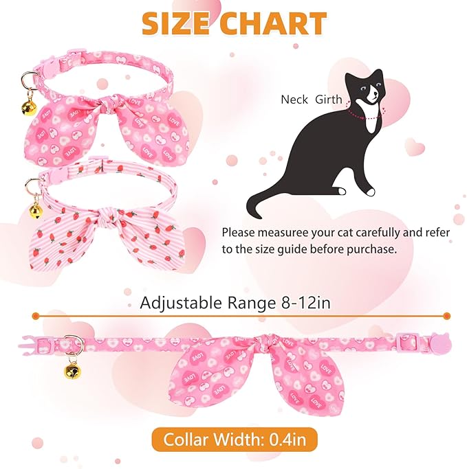 KOOLTAIL Girl Cat Collar Breakaway with Bowtie and Bells, 2 Pack Cute Kitten Collars, Pink Heart & Strawberry Design with Safety Buckle Adjustable for Small Large Girl Cats