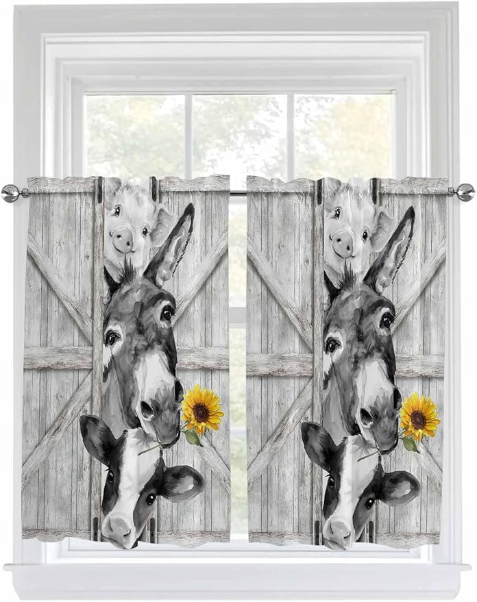Grey Farmhouse Tier Curtains 45 Inches Long, Vintage Sunflowers Animals Printed