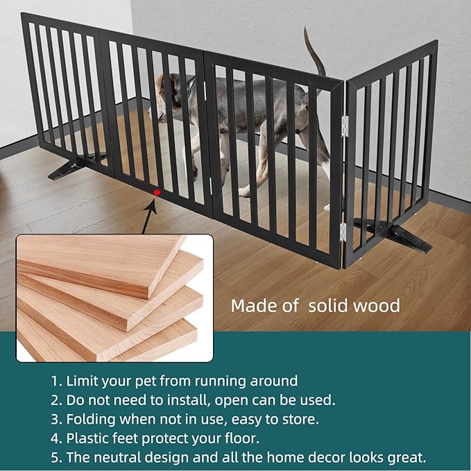 ZJSF Freestanding Indoor Dog Gate for House Foldable Wood Puppy Gate for Doorways Pet Gate for Stairs Extra Wide Pet Fence, Black, 24" Height 4 Panels
