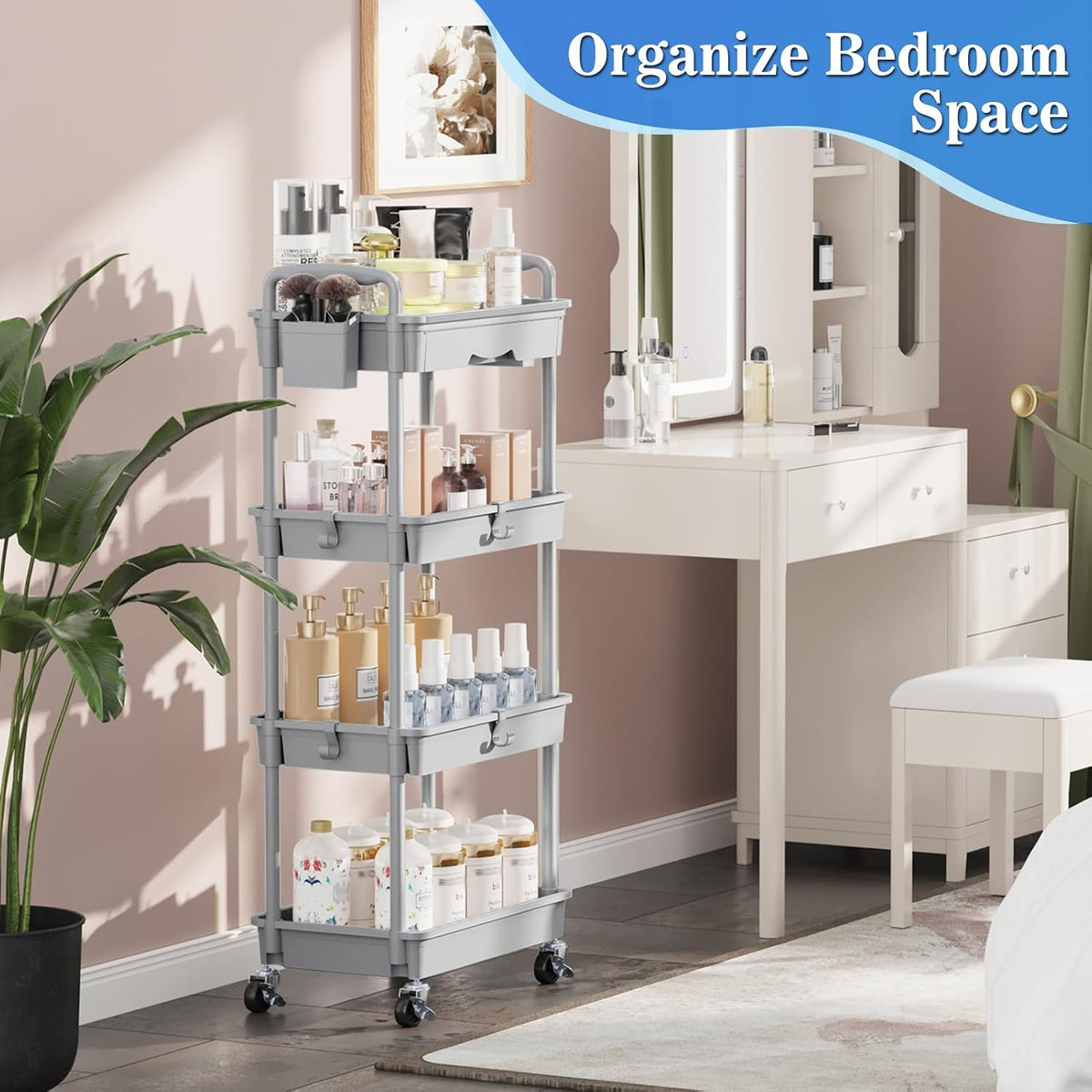 SUNALLY 4 Tier Rolling Cart with Drawer, Craft Storage Cart Organizer, Gray