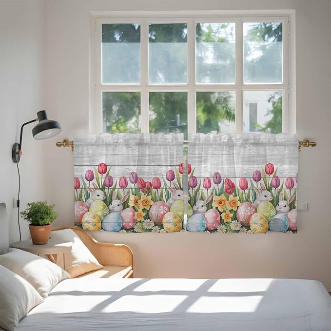 Easter Kitchen Tier Curtains 24 Inch Long 2 Panel Set, Rod Pocket Cafe Small