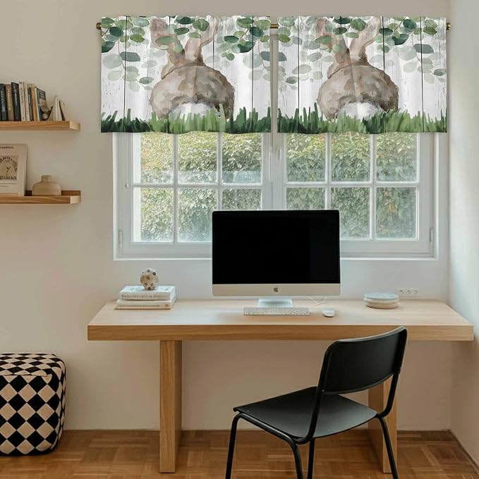 Easter Tier Curtains, Country Rabbit Botanical Leaves Wooden Grain Light