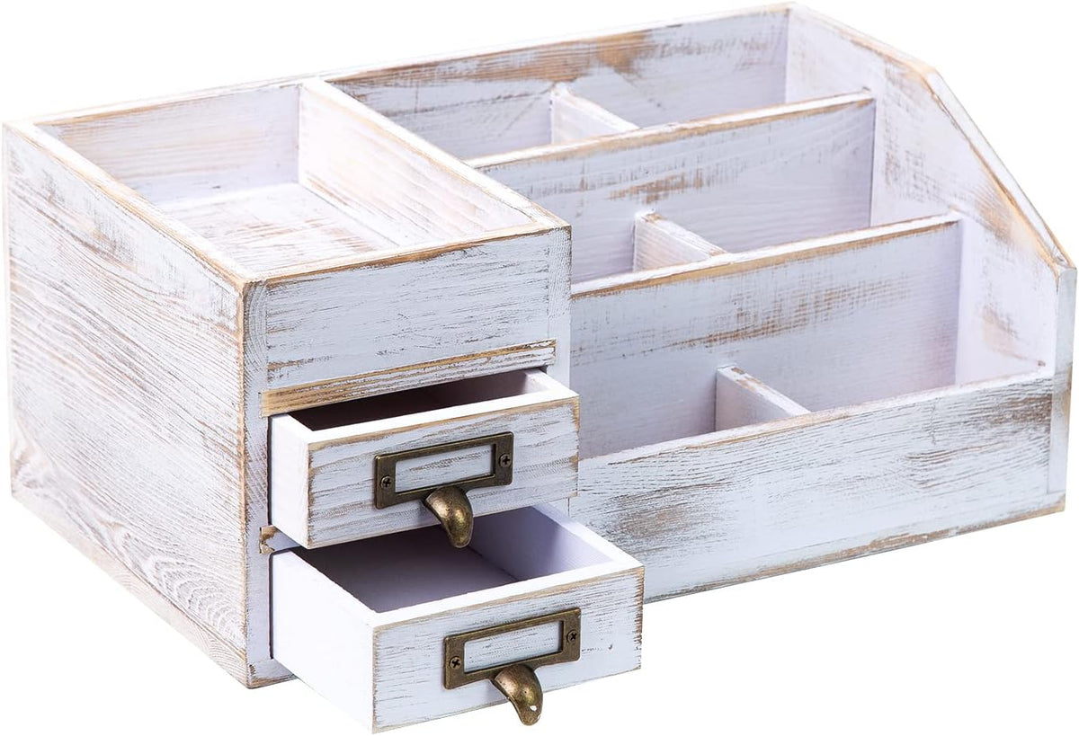 Distressed Rustic Wooden Office Desktop Organizer Shelf Tabletop Home Organizer Storage with Multiple Compartments 2 Tier Drawers perfect Jewelry storage Display Box for Desk Vanity (Washed white)
