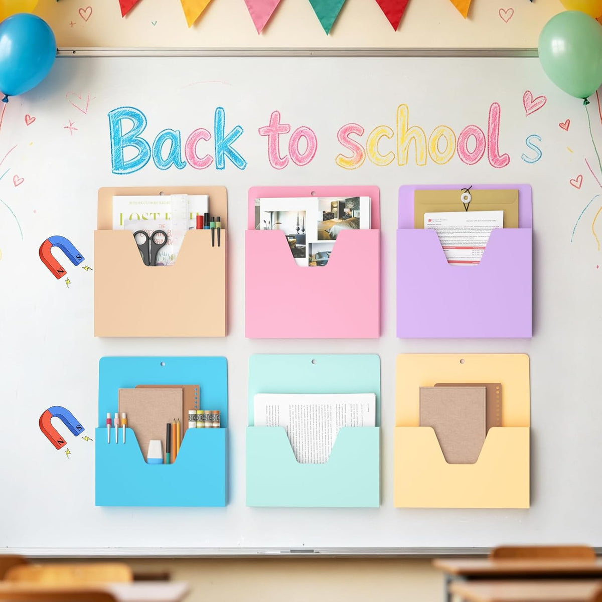 MFTEK Magnetic File Holder 6 Pockets Paper Holder, Hanging File Organizer Office Supplies Storage for Cabinets, Whiteboard, Magnetic Mail Letter Folder for Refrigerator (Pastel Color-Mix)