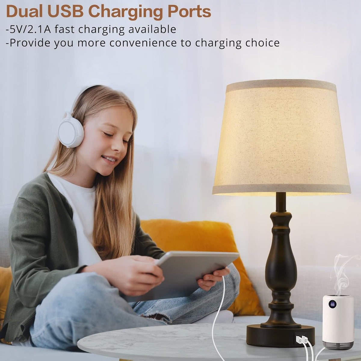 Lamps for Bedroom Set of 2, Touch Bedside Table Lamp with USB C+A Ports