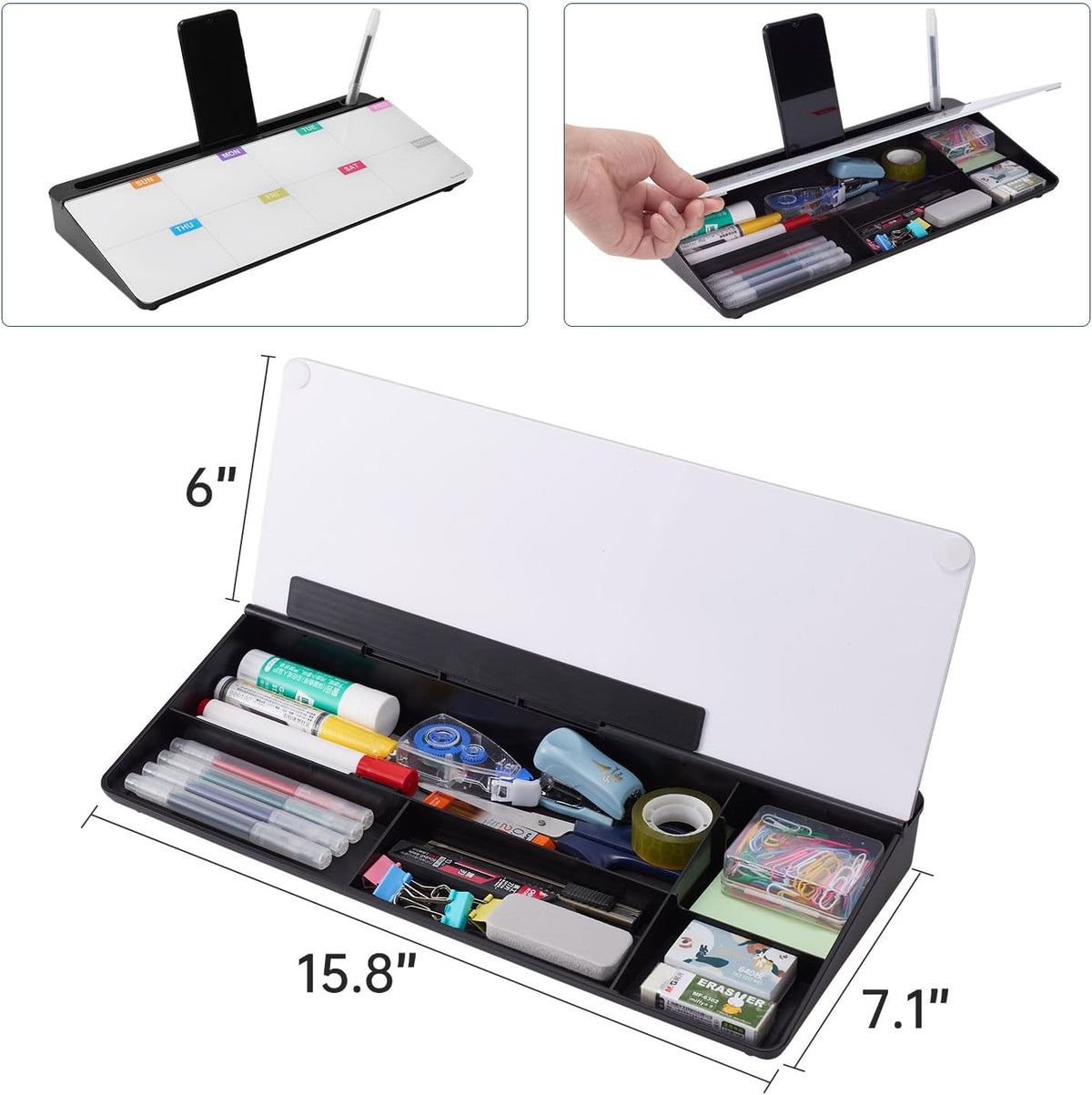 TSJ OFFICE Whiteboard Weekly Dry-Erase-Board - Desktop White Board Calendar Desk Organizers with Accessories Computer Keyboard Stand with Drawer, for Office, Home, School Supplies - Black Calendar
