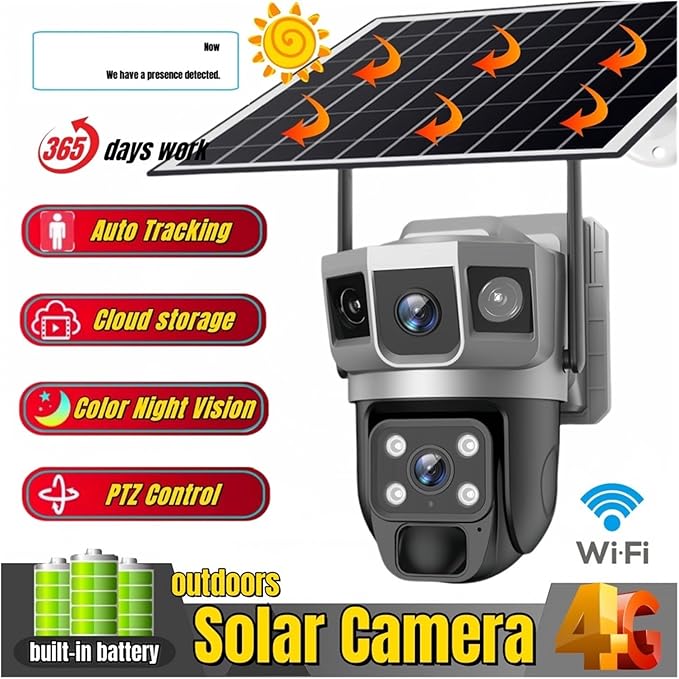 for Outdoor Camera Battery CCTV Monitor 4G SIM Card Network IP Security Pet Camera Motion Detection 3 Screen PTZ Camera(WiFi CCTV 32G Card)