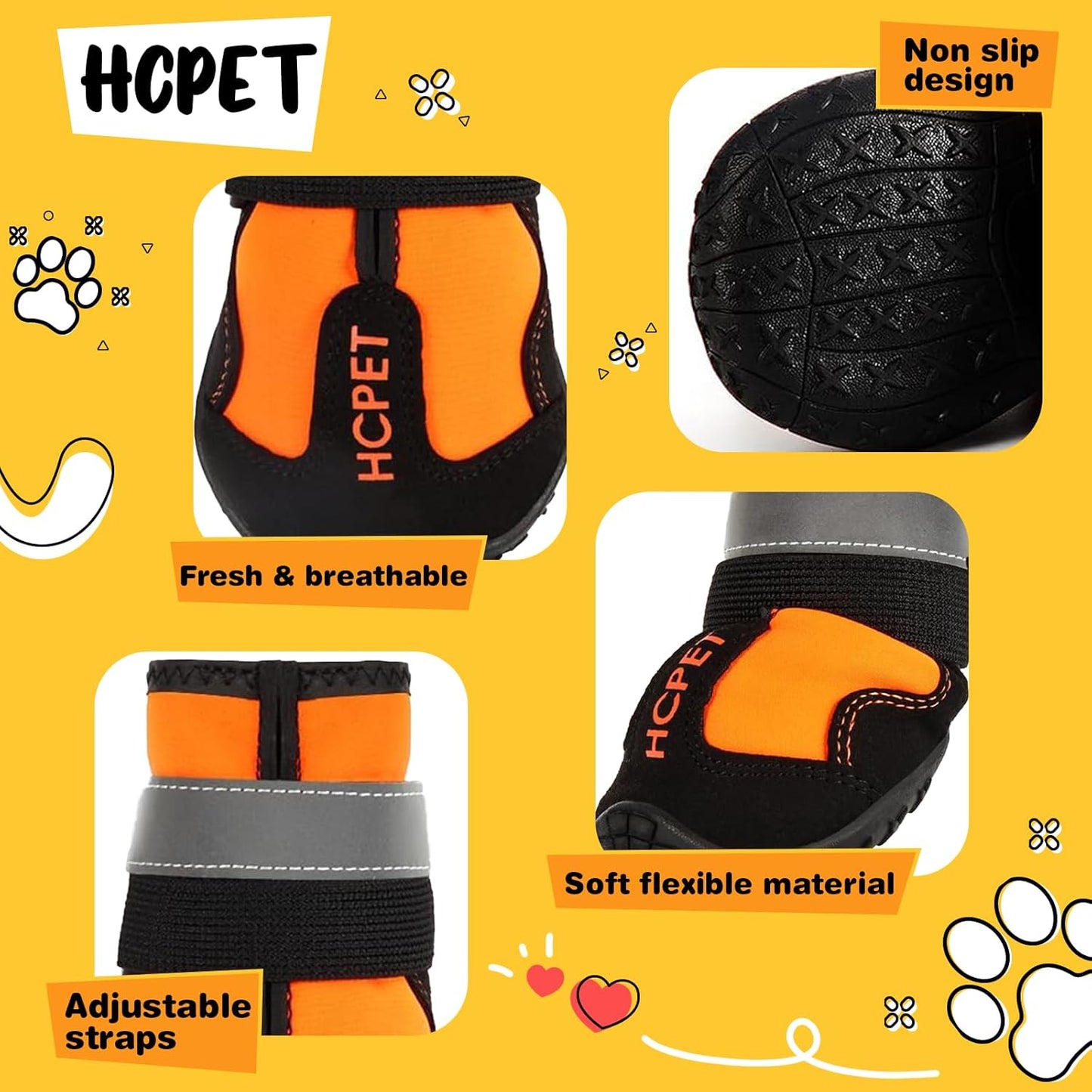 Hcpet Dog Shoes, Dog Boots for Large Dogs, Waterproof Dog Booties Paw Protector for Summer Hot Pavement, Winter Snowy Day, Outdoor Walking, Indoor Hardfloors Anti Slip Sole Orange Size 8