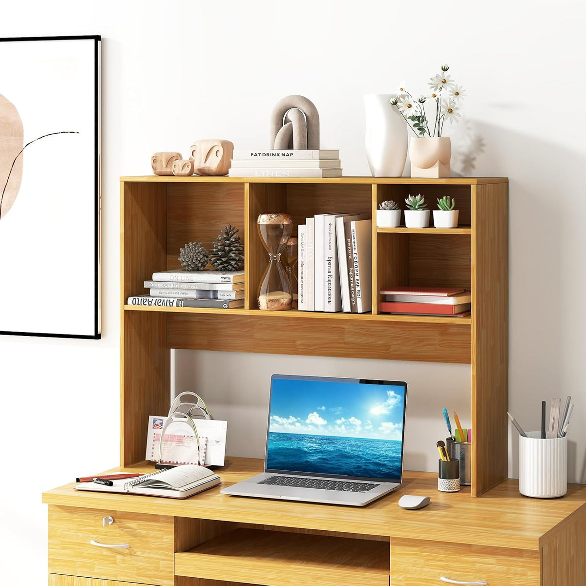 GIANTEX Desktop Bookshelf, Countertop Storage Hutch with 4 Shelves for Computer Desk, Dressing Tabletop Display Rack, Multipurpose Desk Hutch Storage Organizer for Home Office Dorm (Burlywood)