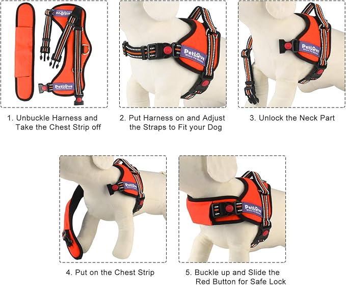 PetLove Dog Harness, Adjustable Soft Leash Padded No Pull Dog Harness for Small Medium Large Dogs, Orange