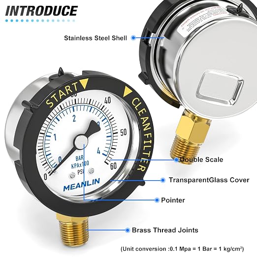 MEANLIN MEASURE 0~60Psi Stainless Steel Start and Clean Filter Pressure Gauge